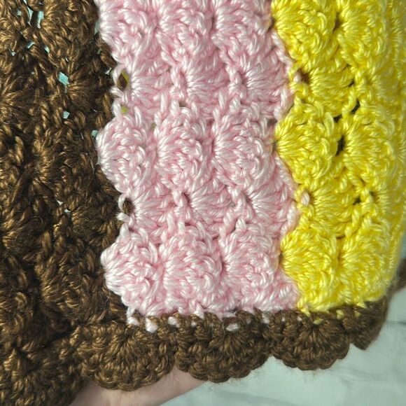 Super Soft Crocheted Baby Blanket Brown Pink Yellow 42” x 33” - Picture 2 of 5